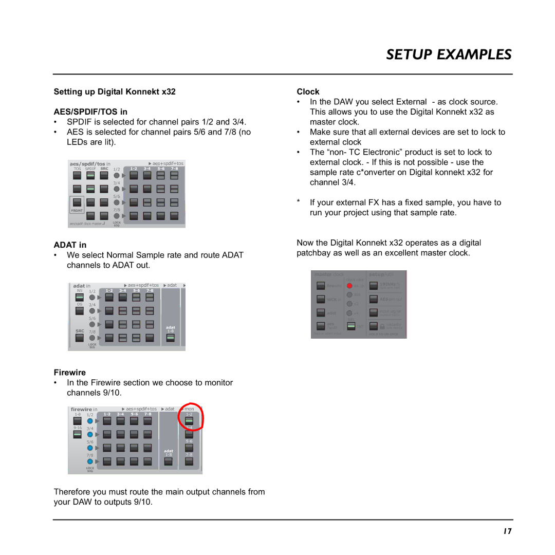 TC electronic SDN BHD x32 user manual Setting up Digital Konnekt AES/SPDIF/TOS, Adat, Clock 