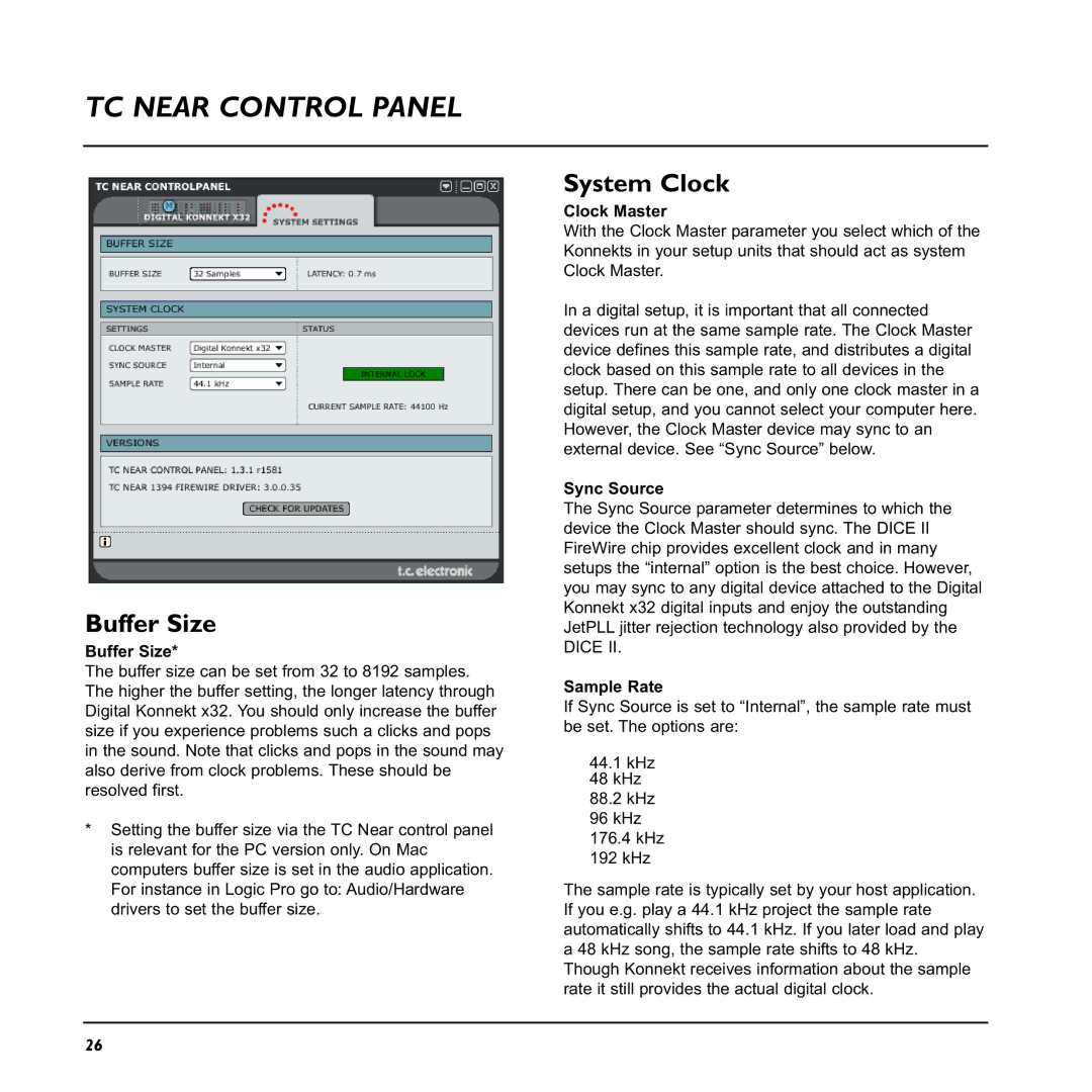 TC electronic SDN BHD x32 user manual TC Near Control Panel, Buffer Size, System Clock 