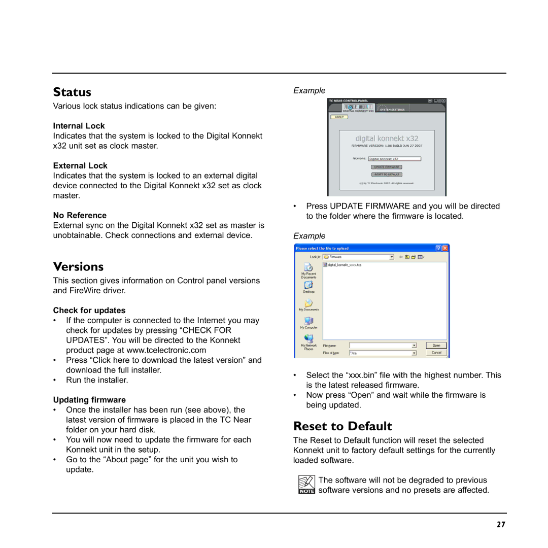 TC electronic SDN BHD x32 user manual Status, Versions, Reset to Default 