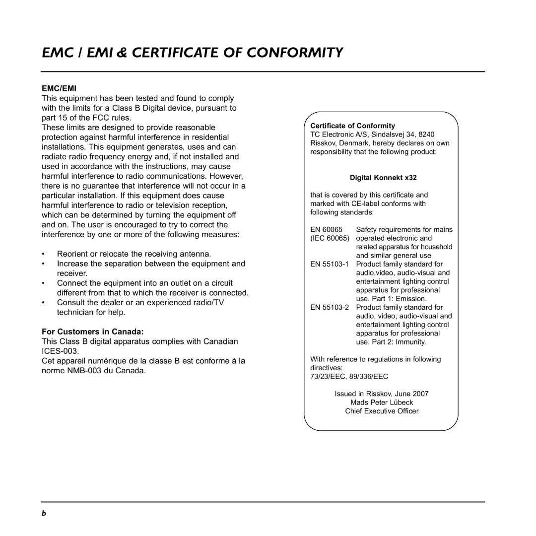 TC electronic SDN BHD x32 user manual EMC / EMI & Certificate of Conformity, For Customers in Canada 