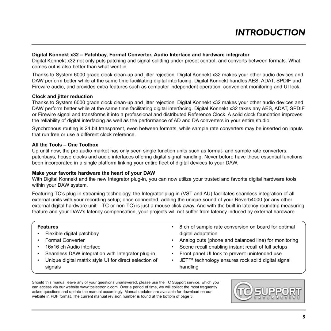 TC electronic SDN BHD x32 user manual Introduction, Clock and jitter reduction, All the Tools One Toolbox, Features 