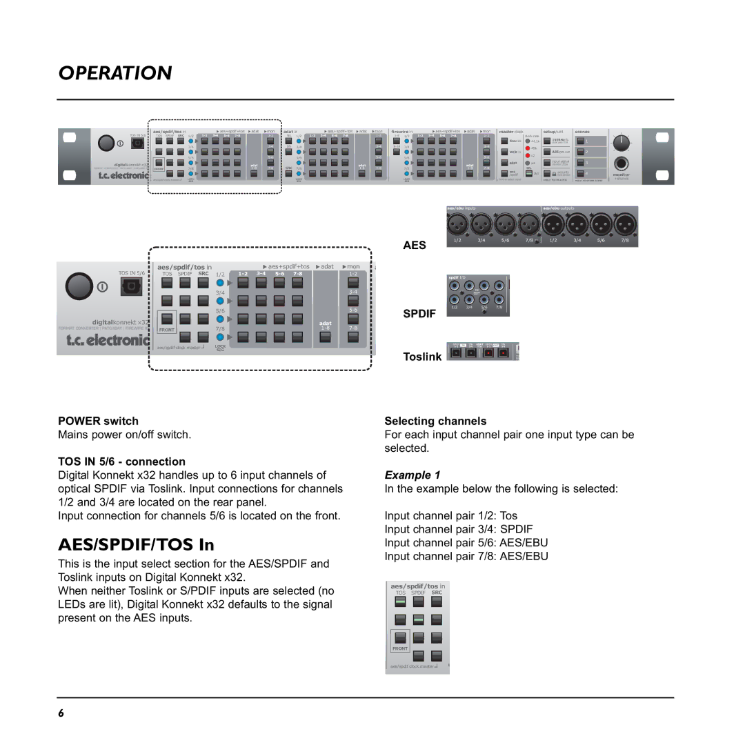 TC electronic SDN BHD x32 user manual Operation, Aes/Spdif/Tos, Power switch, TOS in 5/6 connection, Selecting channels 