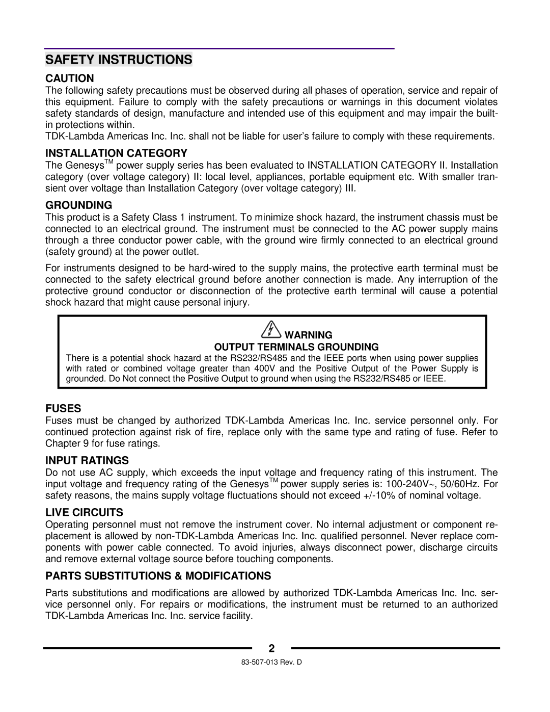 TDK 1500W, 750W technical manual Safety Instructions 