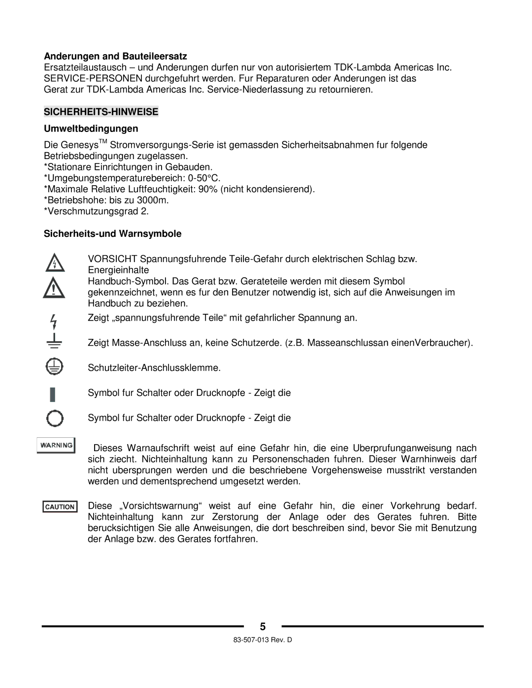 TDK 750W, 1500W technical manual Anderungen and Bauteileersatz, Umweltbedingungen, Sicherheits-und Warnsymbole 