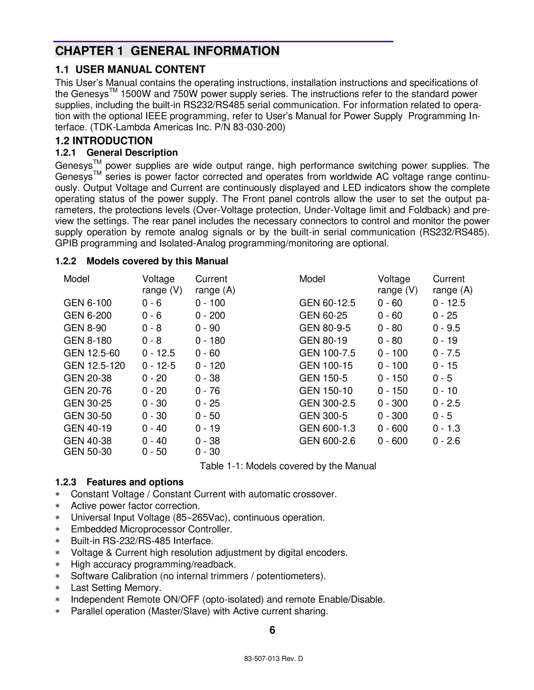 TDK 1500W General Information, Introduction, General Description, Models covered by this Manual, Features and options 