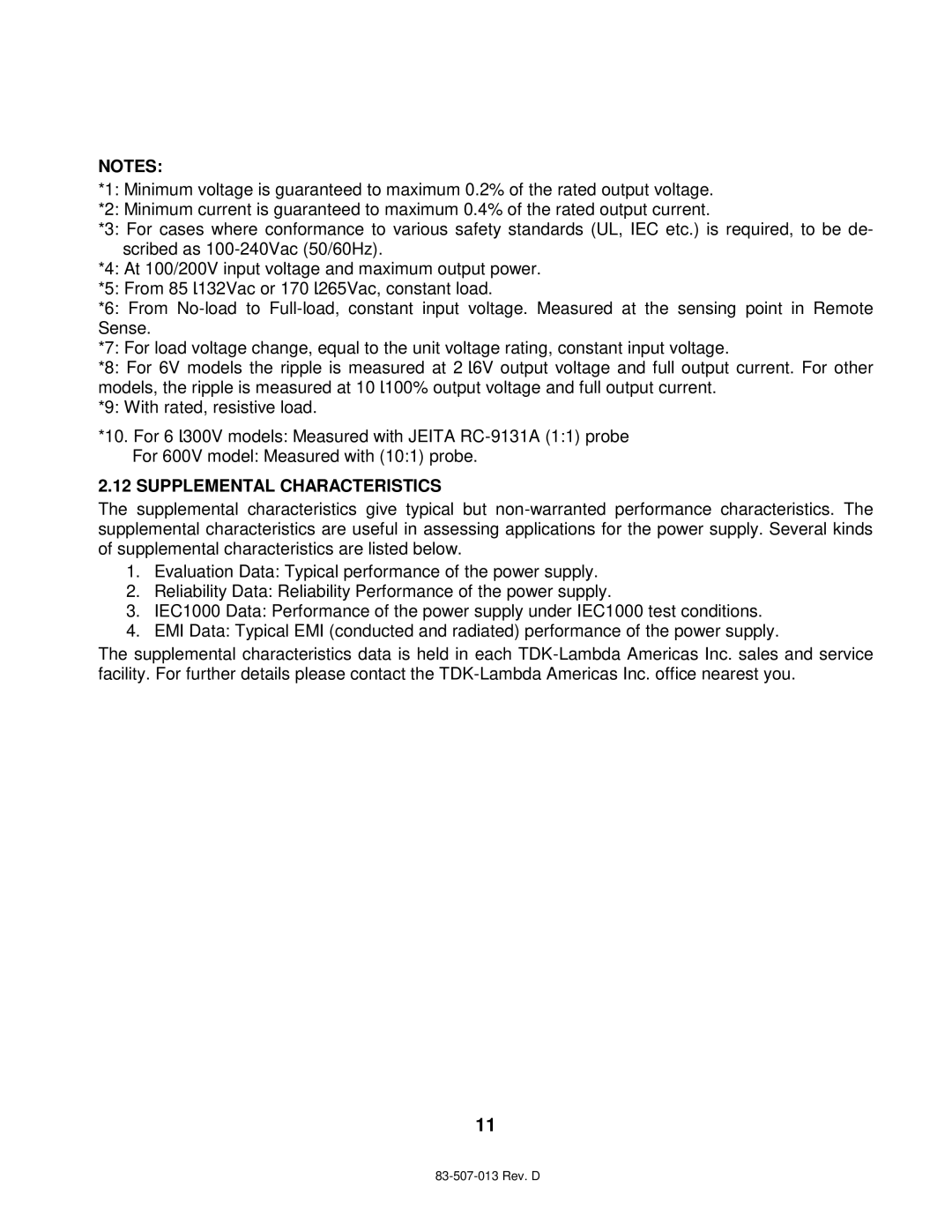 TDK 750W, 1500W technical manual Supplemental Characteristics 