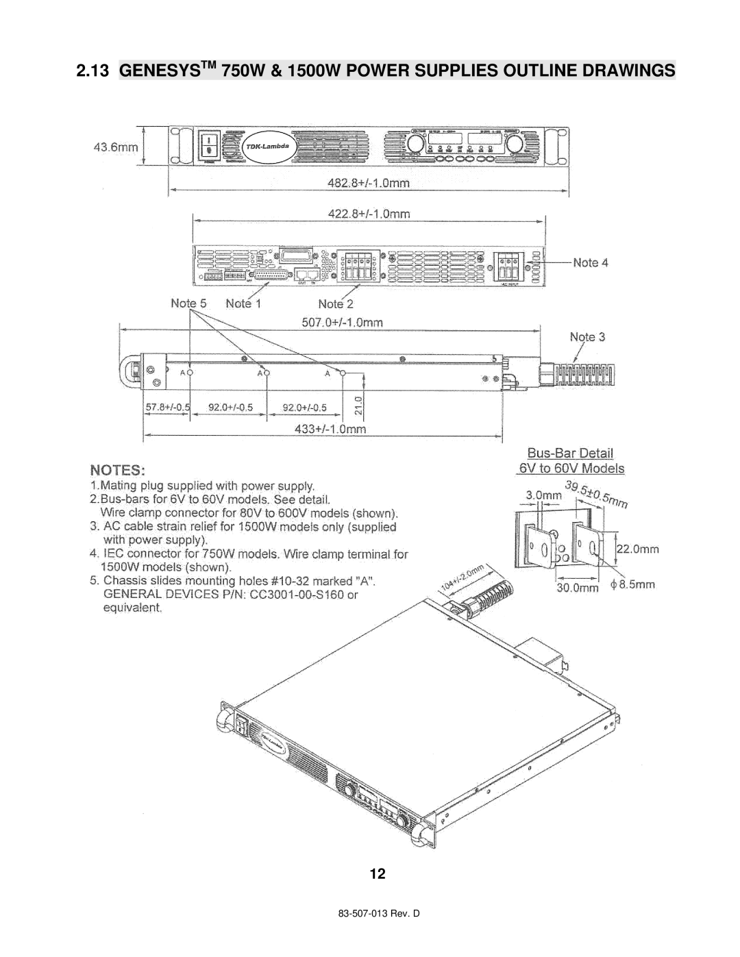 TDK technical manual Genesystm 750W & 1500W Power Supplies Outline Drawings 