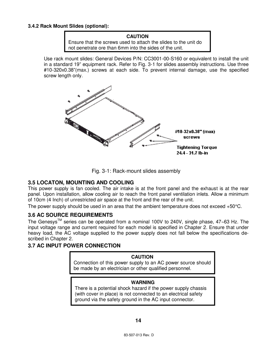 TDK 1500W LOCATON, Mounting and Cooling, AC Source Requirements, AC Input Power Connection, Rack Mount Slides optional 