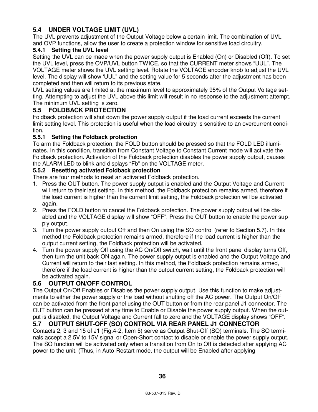 TDK 1500W, 750W technical manual Under Voltage Limit UVL, Foldback Protection, Output ON/OFF Control 