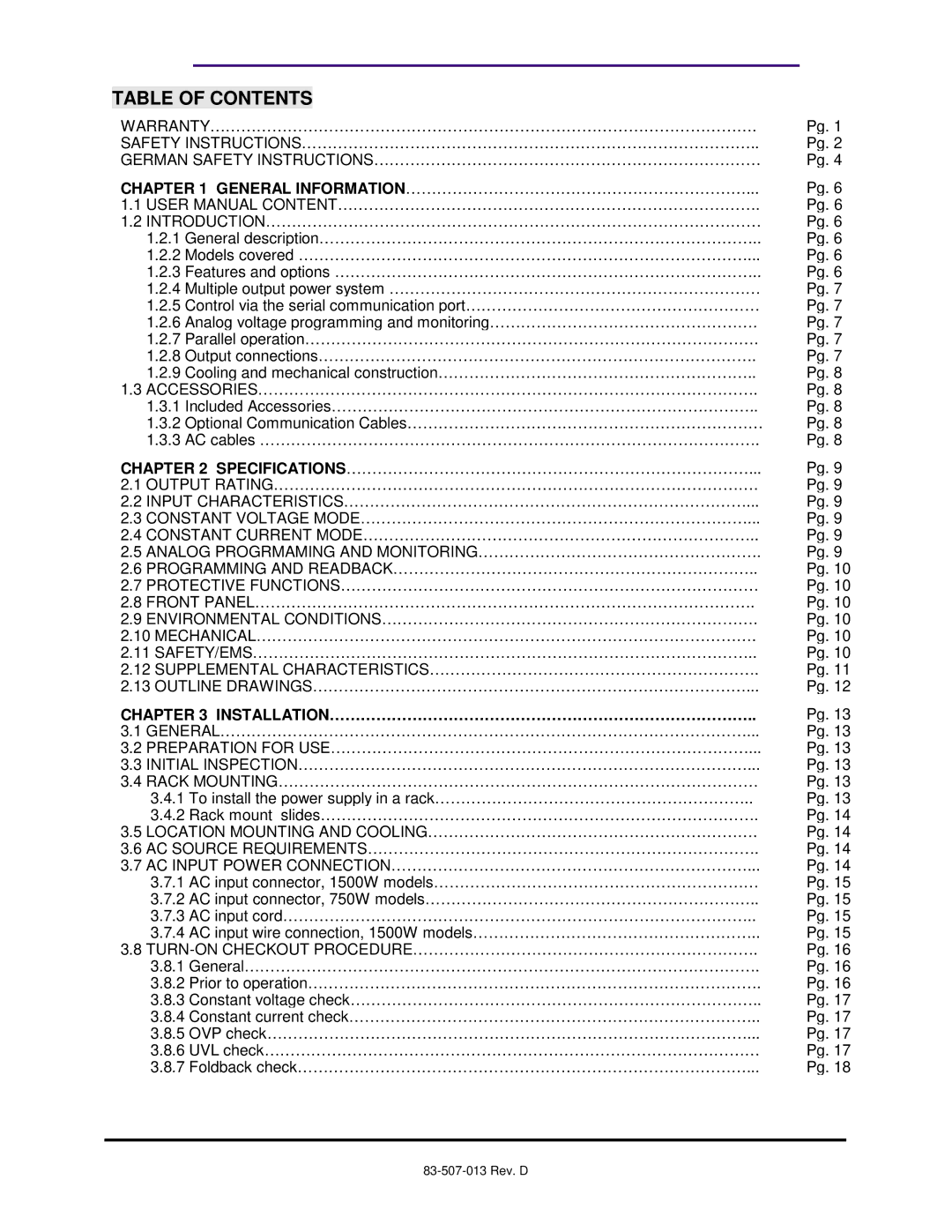 TDK 750W, 1500W technical manual Table of Contents 