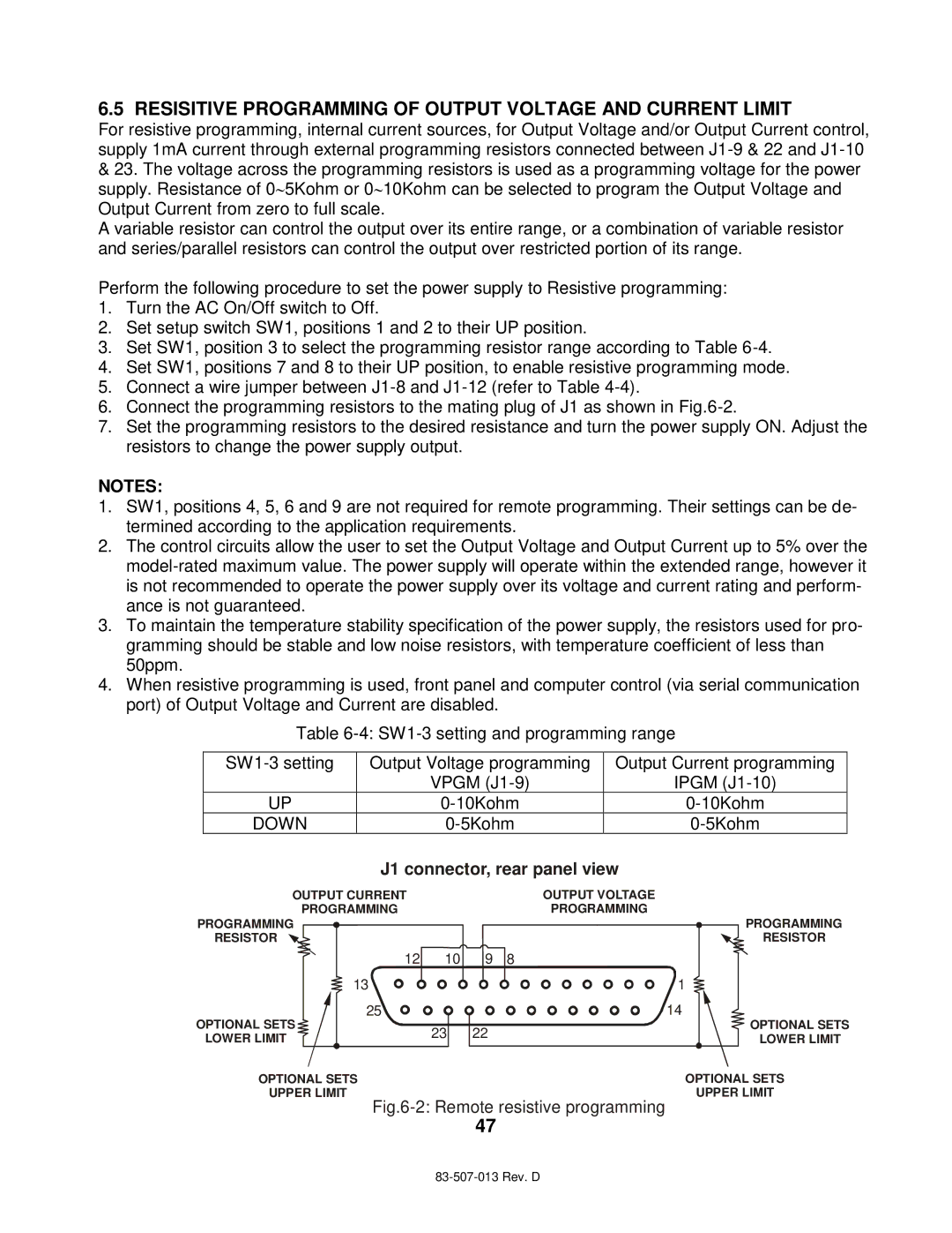 TDK 750W, 1500W technical manual Resisitive Programming of Output Voltage and Current Limit, Remote resistive programming 