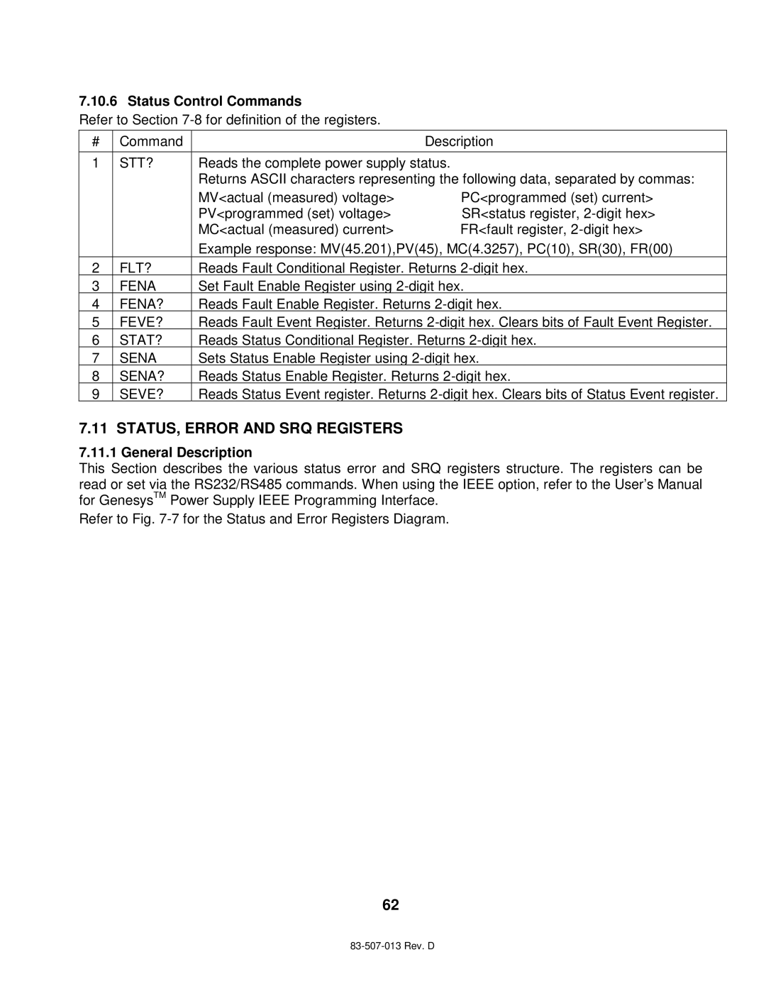 TDK 1500W, 750W technical manual STATUS, Error and SRQ Registers, Status Control Commands 