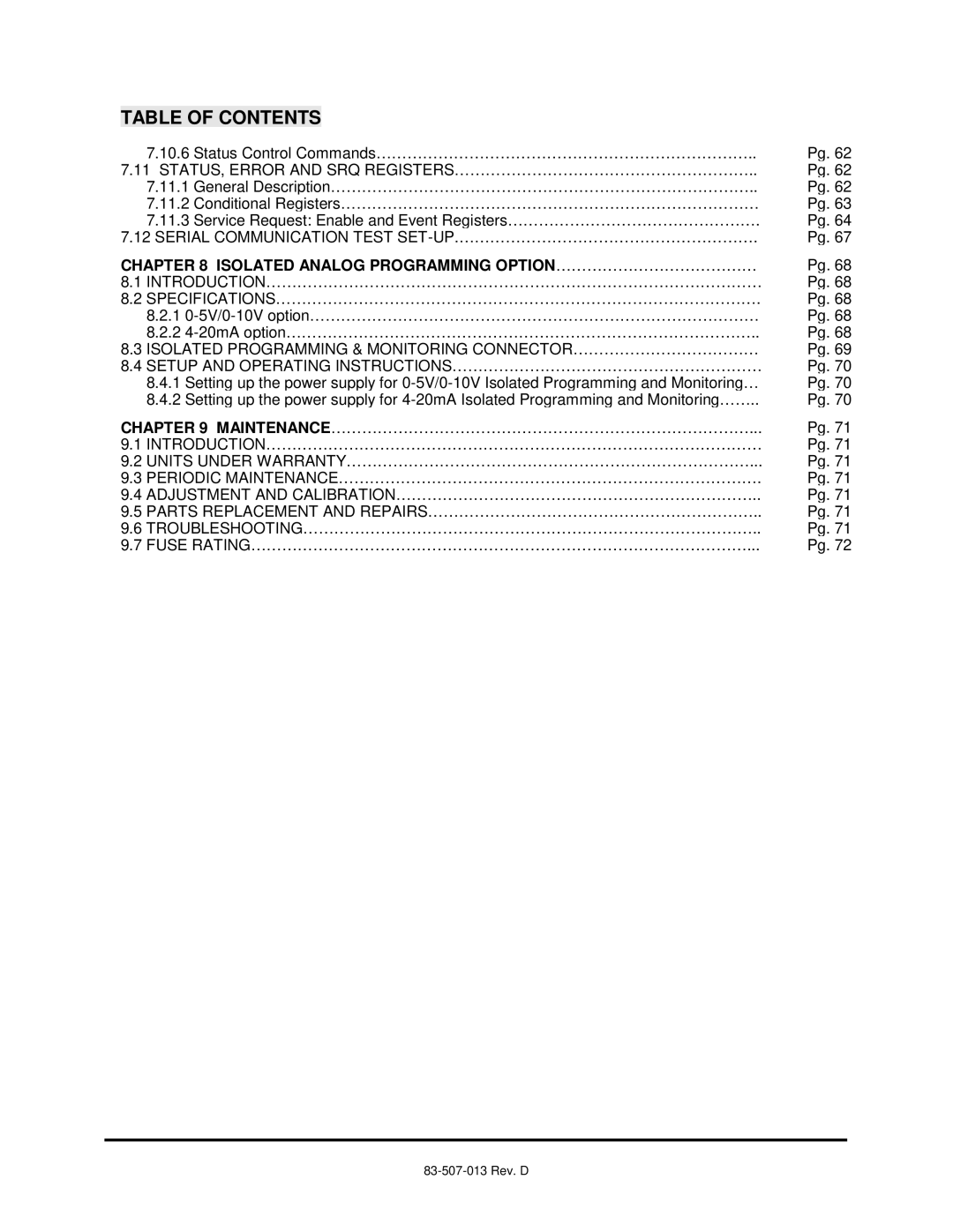 TDK 1500W, 750W technical manual Isolated Analog Programming OPTION………………………………… 