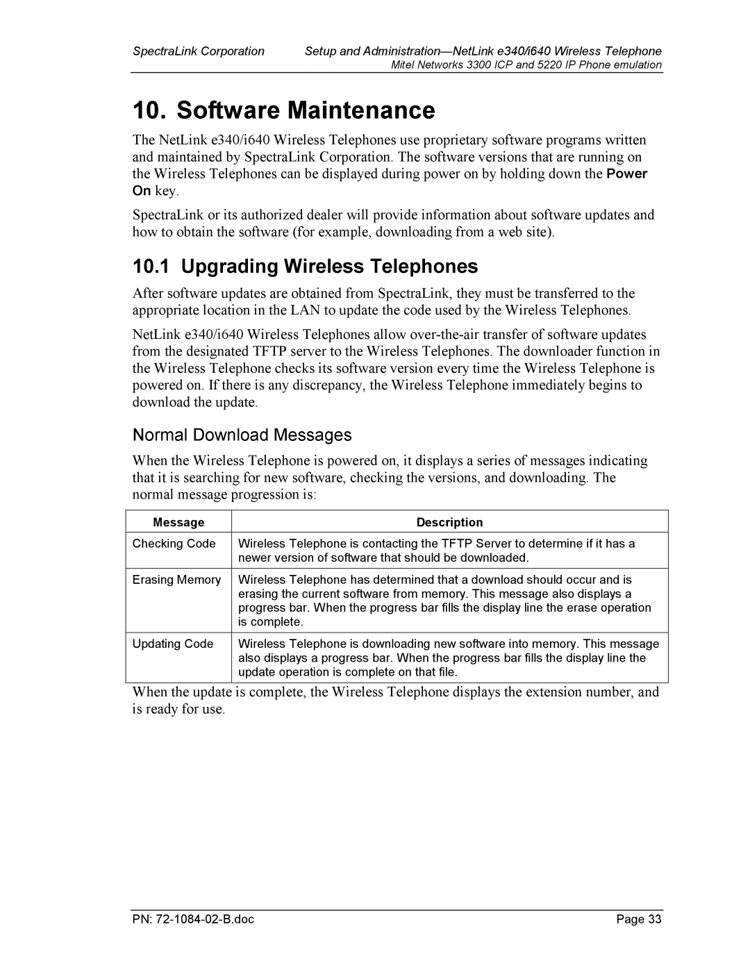 TDK 3300 ICP manual Software Maintenance, Upgrading Wireless Telephones, Normal Download Messages, Message Description 