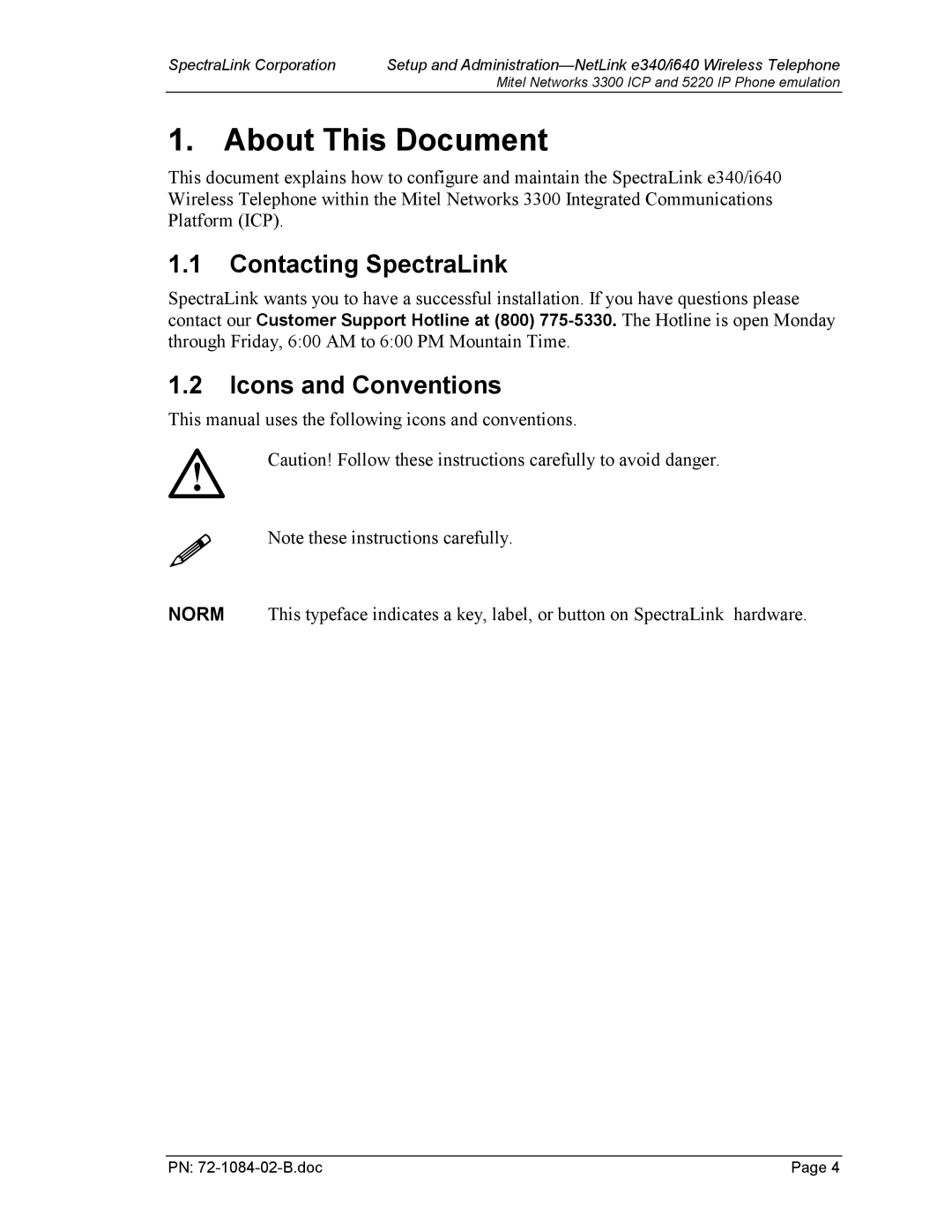 TDK 3300 ICP manual About This Document, Contacting SpectraLink, Icons and Conventions 