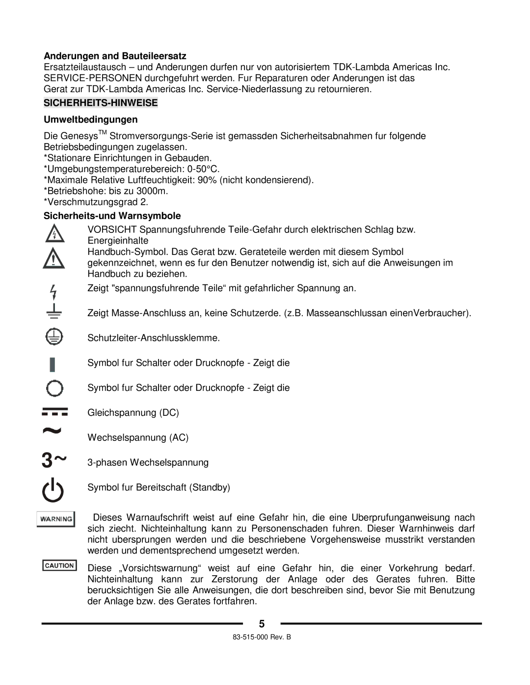 TDK 5KW Anderungen and Bauteileersatz, Sicherheits-Hinweise, Umweltbedingungen, Sicherheits-und Warnsymbole 