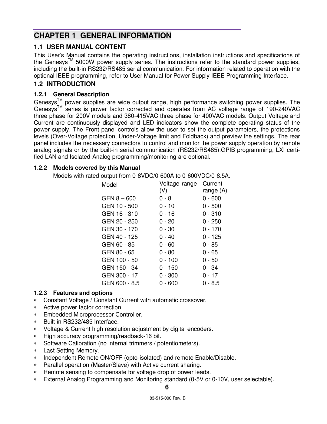 TDK 5KW General Information, Introduction, General Description, Models covered by this Manual, Features and options 