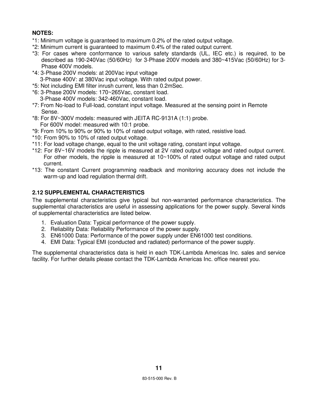 TDK 5KW technical manual Supplemental Characteristics 