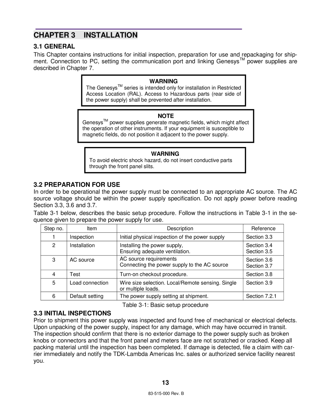 TDK 5KW technical manual Installation, General, Preparation for USE, Initial Inspections 