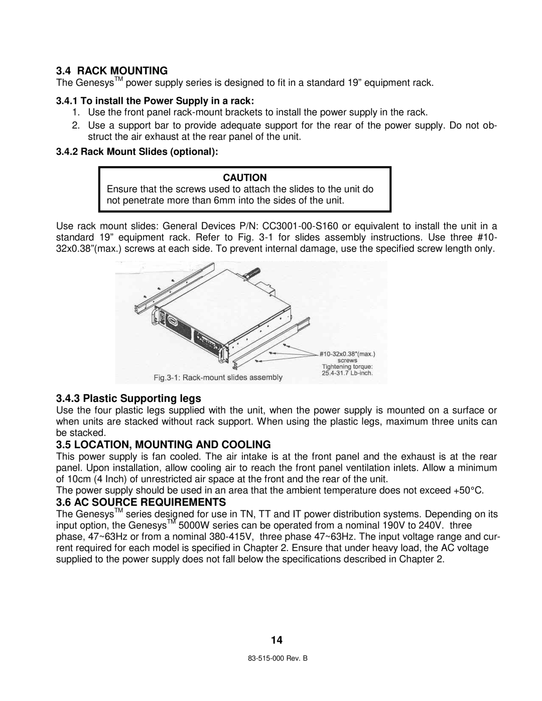 TDK 5KW Rack Mounting, LOCATION, Mounting and Cooling, AC Source Requirements, To install the Power Supply in a rack 