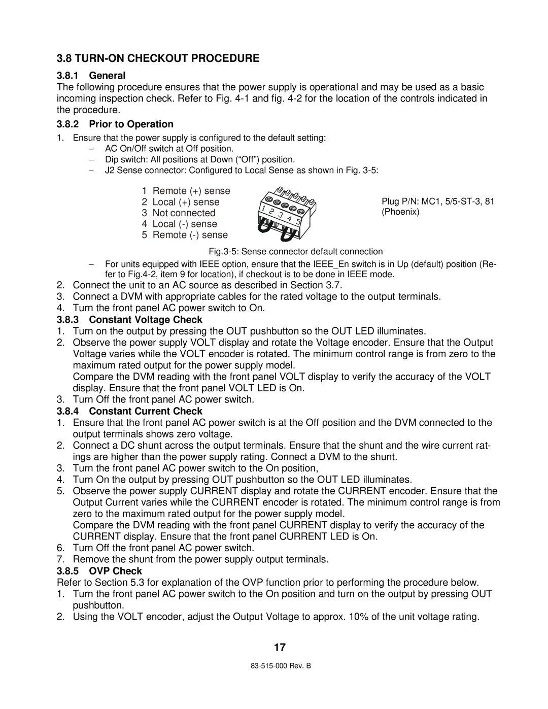 TDK 5KW TURN-ON Checkout Procedure, Prior to Operation, Constant Voltage Check, Constant Current Check, OVP Check 