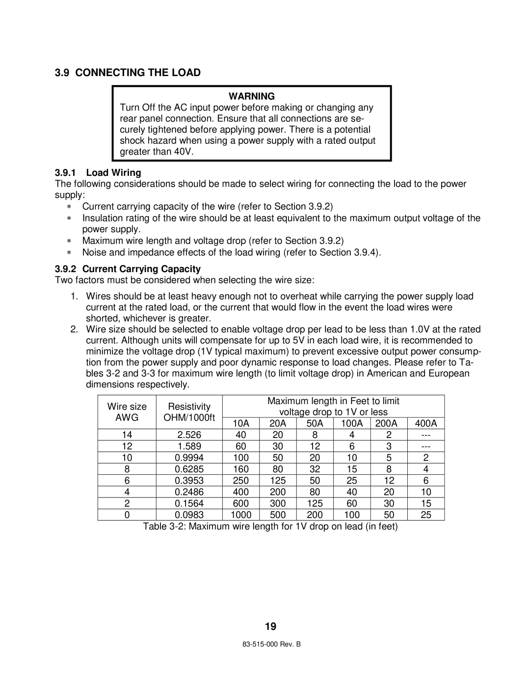 TDK 5KW technical manual Connecting the Load, Load Wiring, Current Carrying Capacity, Awg 