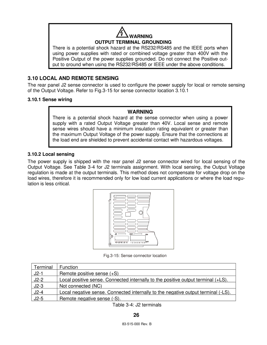 TDK 5KW technical manual Local and Remote Sensing, Output Terminal Grounding, Sense wiring, Local sensing 