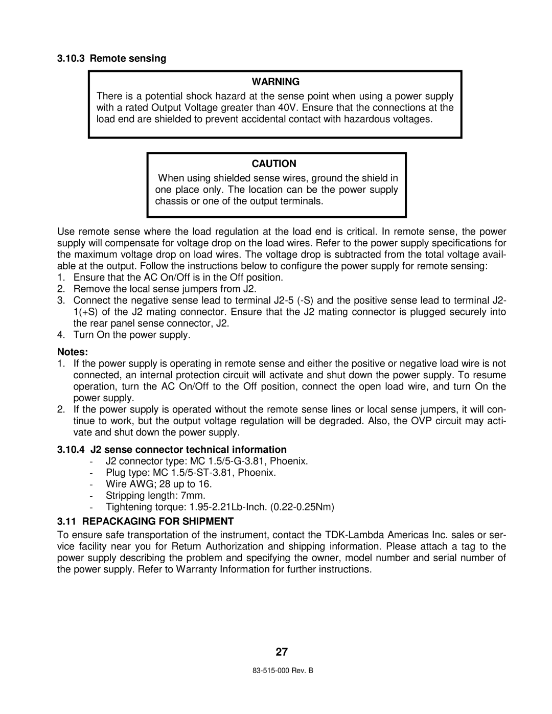 TDK 5KW technical manual Remote sensing, 10.4 J2 sense connector technical information, Repackaging for Shipment 