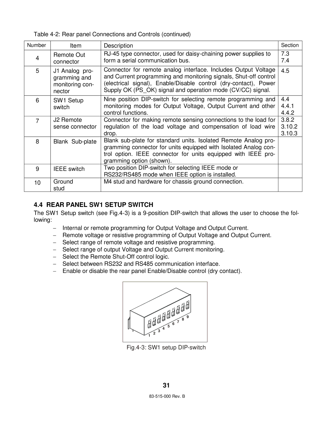 TDK 5KW technical manual Rear Panel SW1 Setup Switch, SW1 setup DIP-switch 