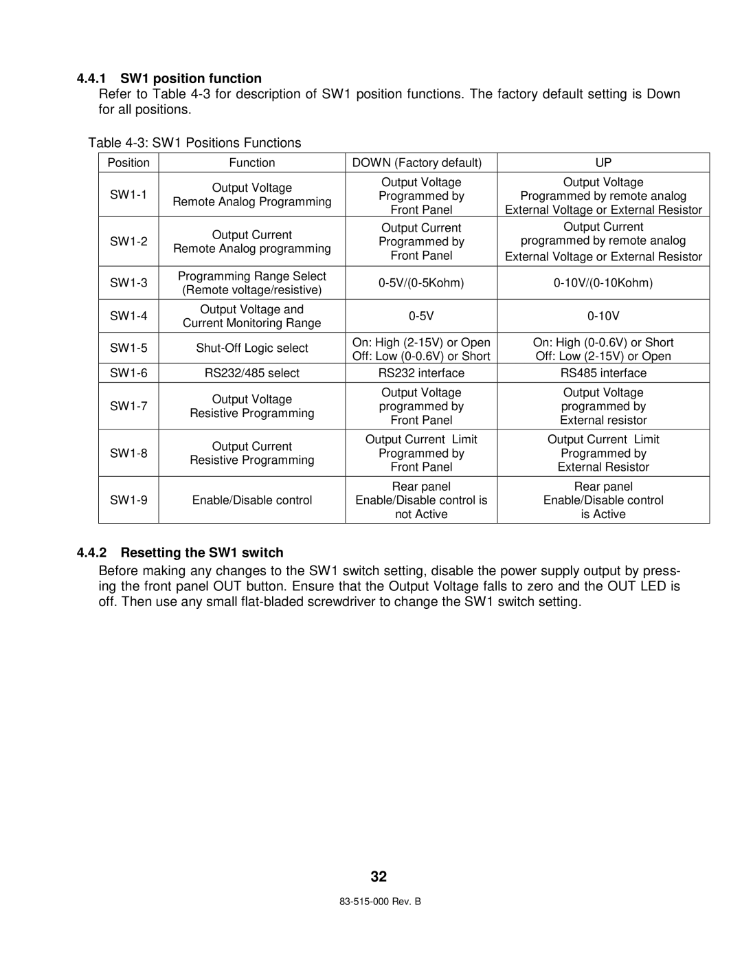 TDK 5KW technical manual 1 SW1 position function, Resetting the SW1 switch 