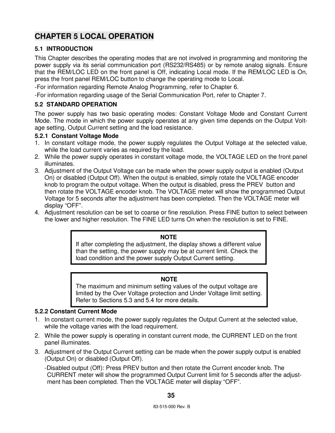 TDK 5KW technical manual Local Operation, Introduction, Standard Operation, Constant Voltage Mode, Constant Current Mode 