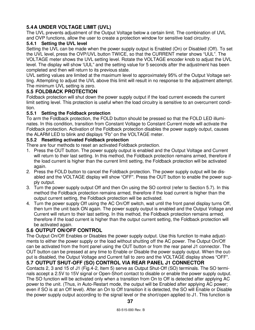 TDK 5KW technical manual 4A Under Voltage Limit UVL, Foldback Protection, Output ON/OFF Control 