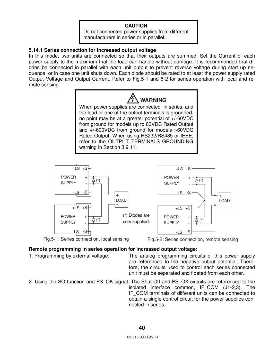 TDK 5KW technical manual Series connection for increased output voltage, Series connection, local sensing 