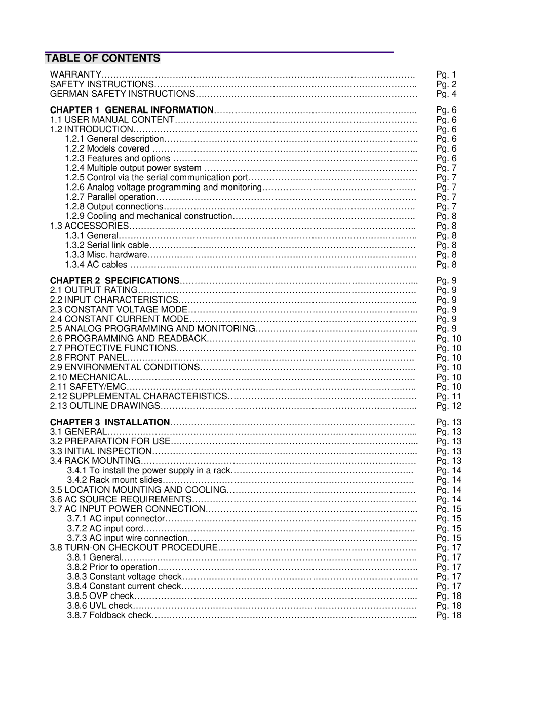 TDK 5KW technical manual Table of Contents 