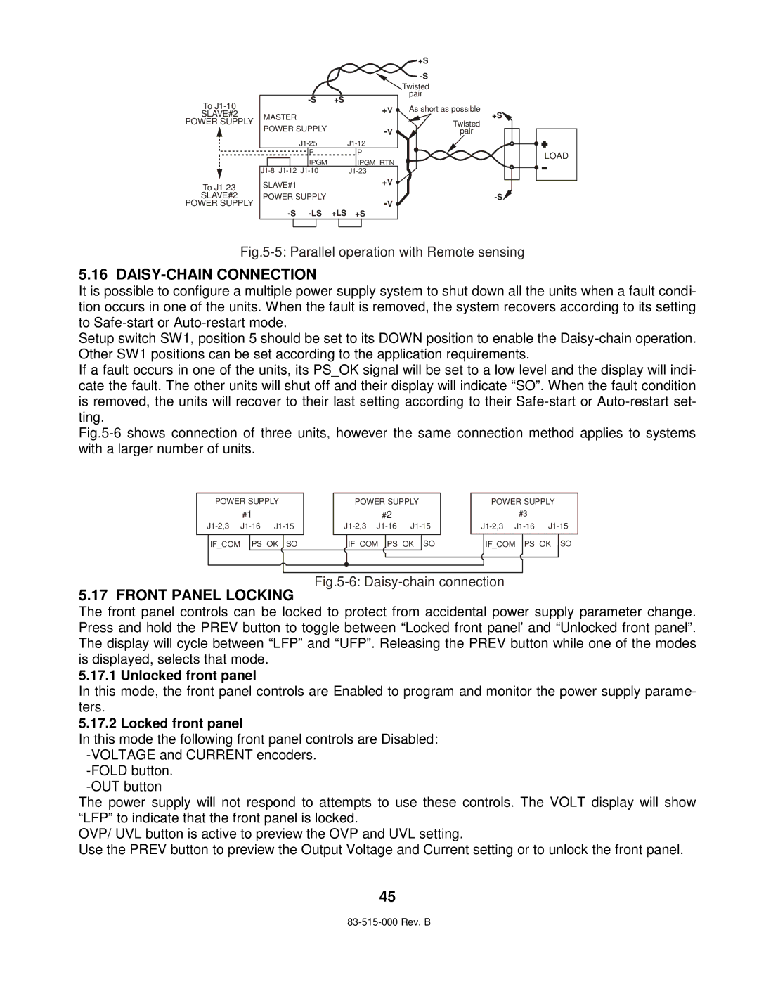 TDK 5KW technical manual DAISY-CHAIN Connection, Front Panel Locking, Unlocked front panel, Locked front panel 