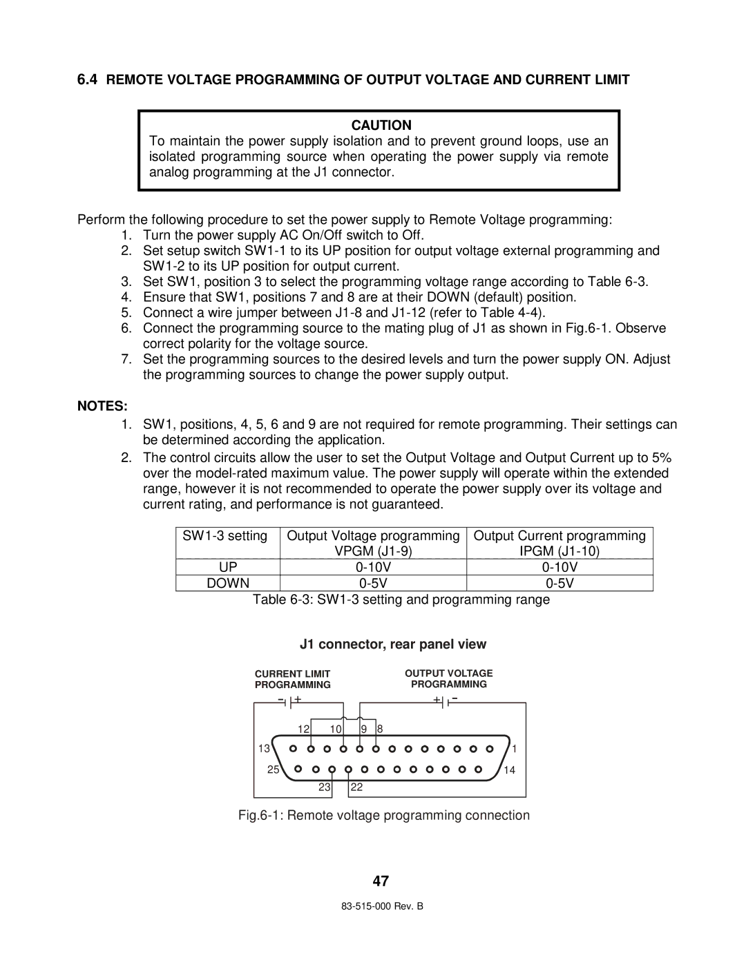 TDK 5KW technical manual J1 connector, rear panel view 