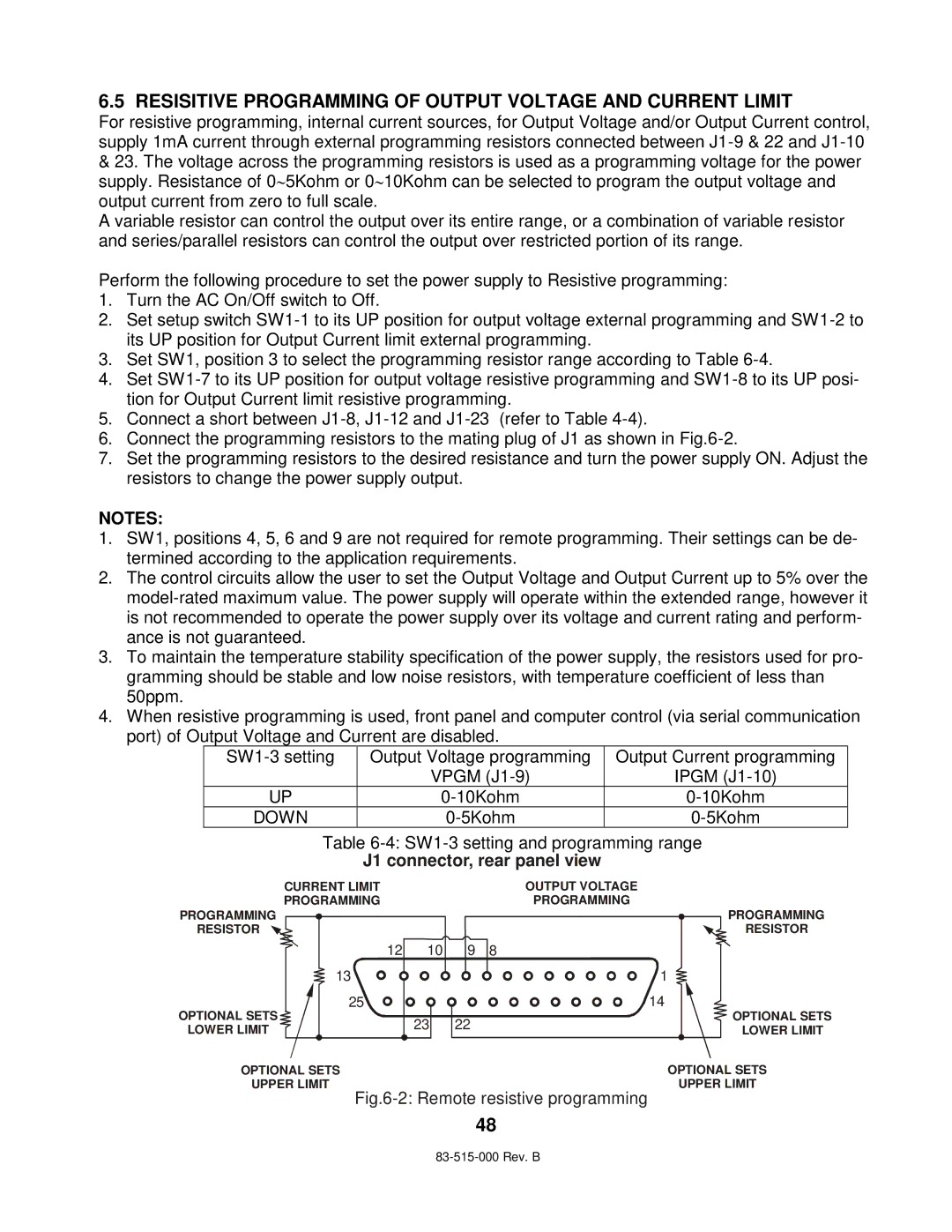 TDK 5KW technical manual Resisitive Programming of Output Voltage and Current Limit, Remote resistive programming 