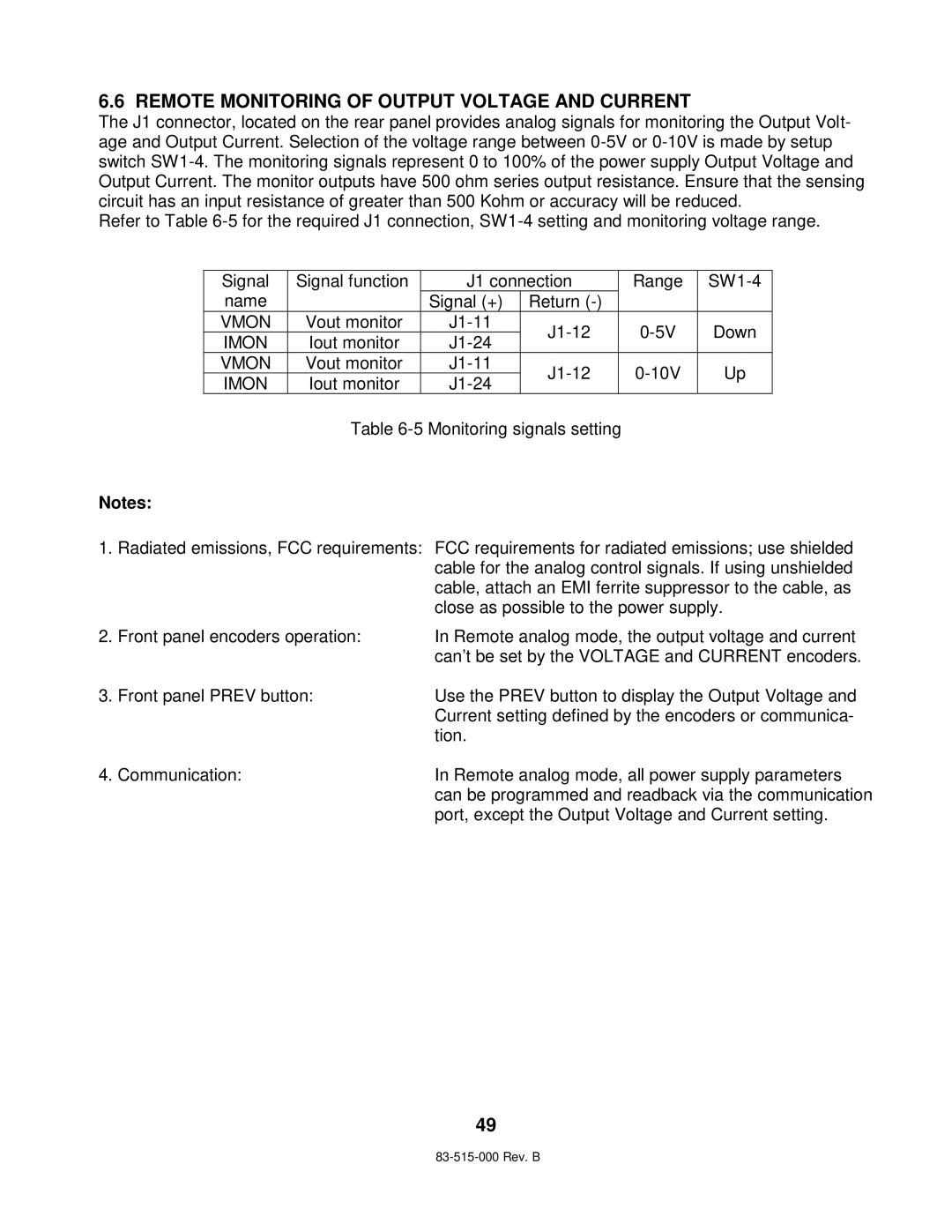 TDK 5KW technical manual Remote Monitoring of Output Voltage and Current, Vmon 