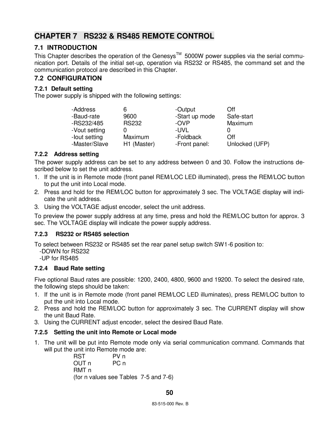 TDK 5KW technical manual RS232 & RS485 Remote Control, Configuration 