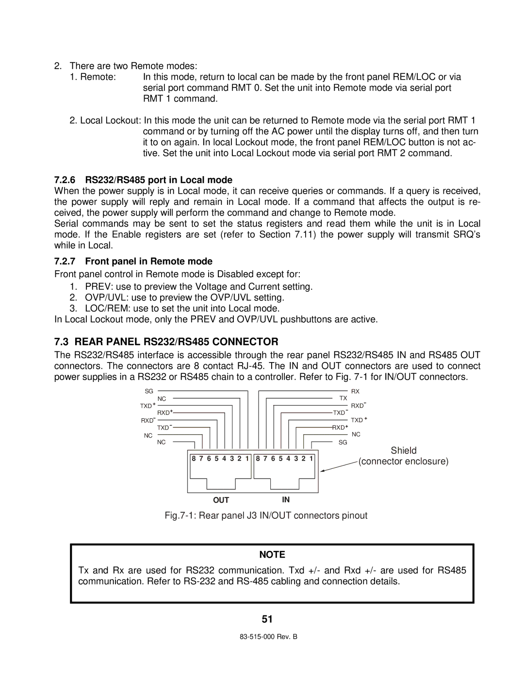 TDK 5KW technical manual Rear Panel RS232/RS485 Connector, 6 RS232/RS485 port in Local mode, Front panel in Remote mode 