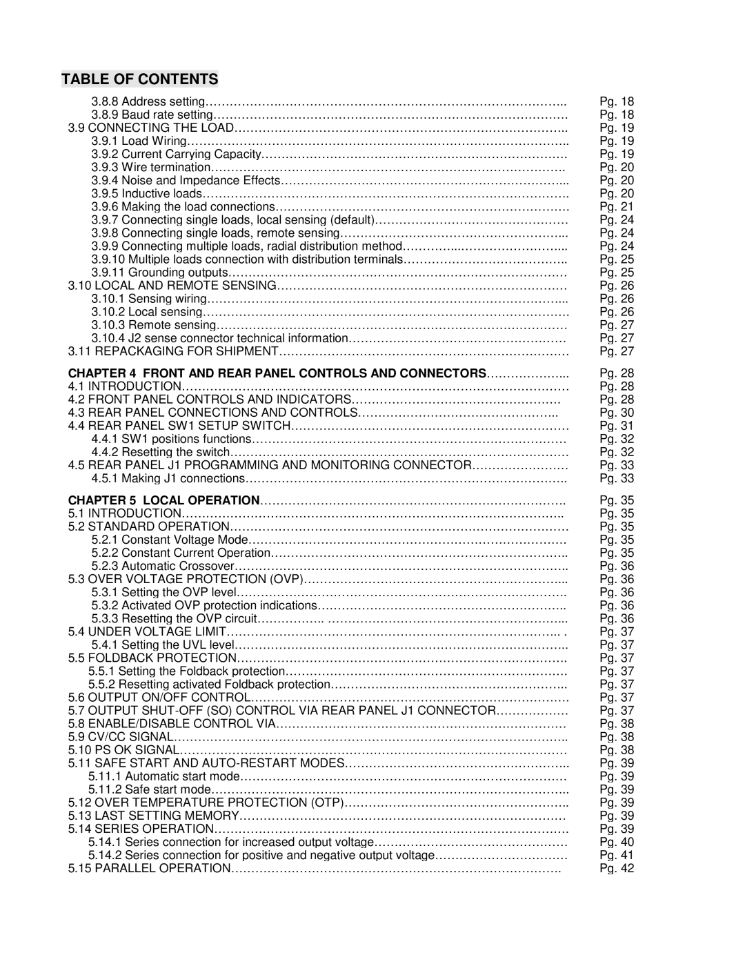 TDK 5KW technical manual Front and Rear Panel Controls and Connectors ……………… 