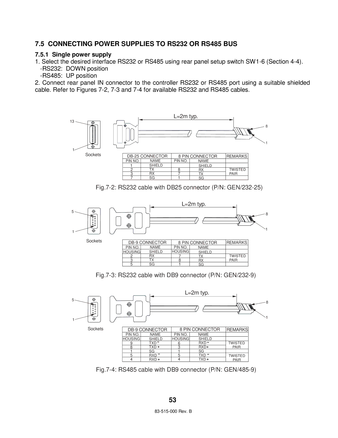 TDK 5KW technical manual Connecting Power Supplies to RS232 or RS485 BUS, Single power supply 