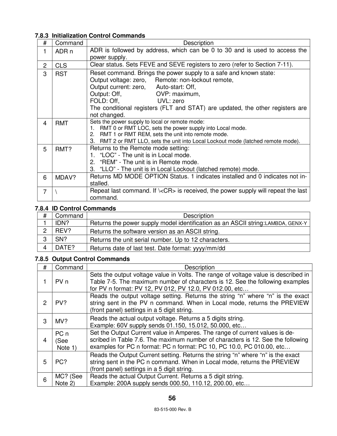 TDK 5KW technical manual Initialization Control Commands, ID Control Commands, Output Control Commands 