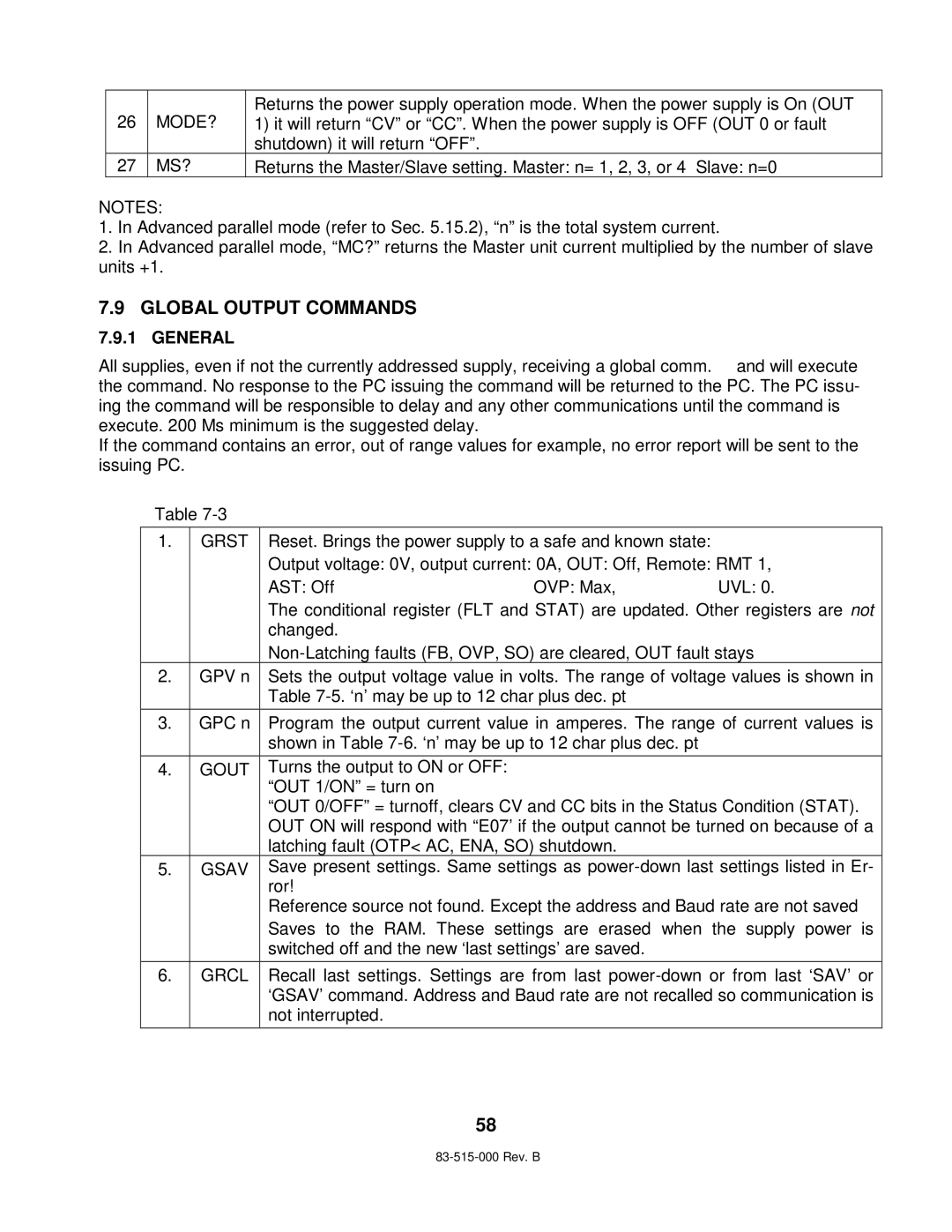 TDK 5KW technical manual Global Output Commands, General 