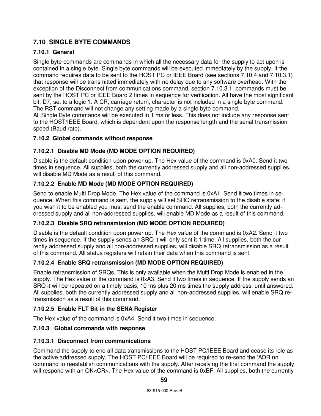 TDK 5KW Single Byte Commands, Enable MD Mode MD Mode Option Required, Disable SRQ retransmission MD Mode Option Required 