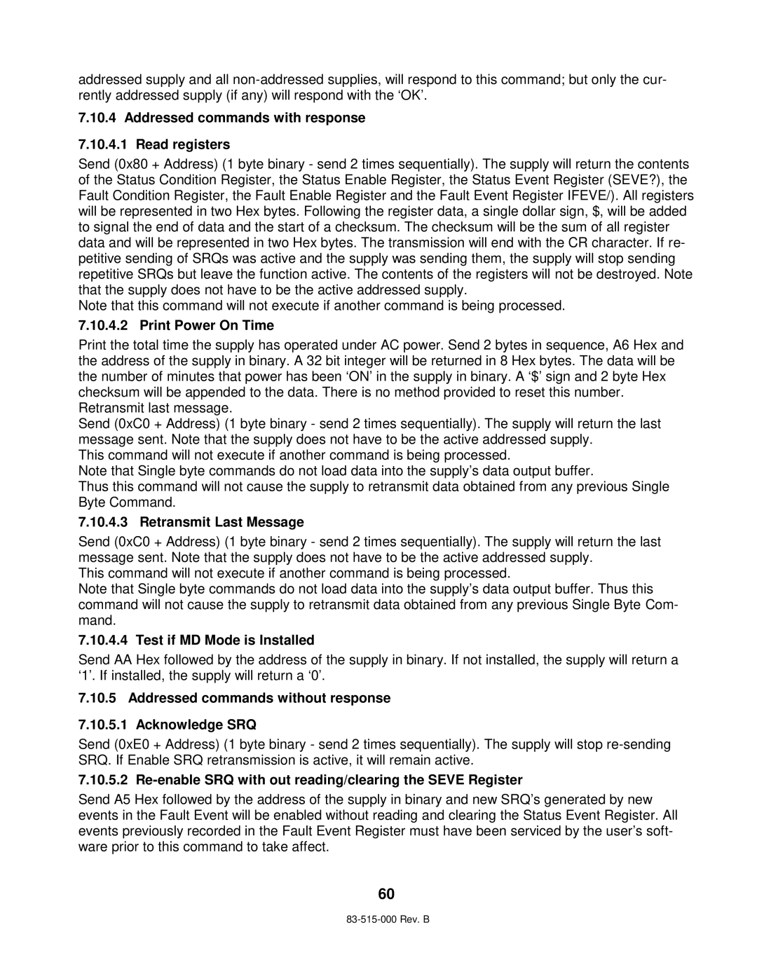 TDK 5KW technical manual Addressed commands with response Read registers, Print Power On Time, Retransmit Last Message 