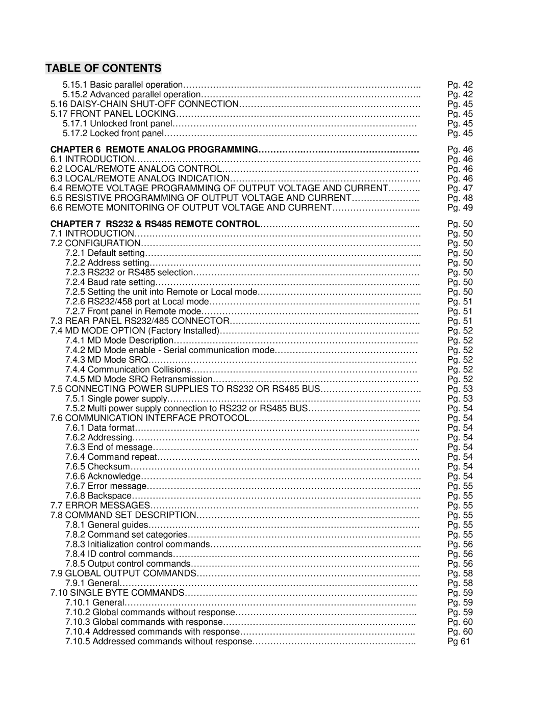 TDK 5KW technical manual Remote Analog PROGRAMMING……………………………………………… 