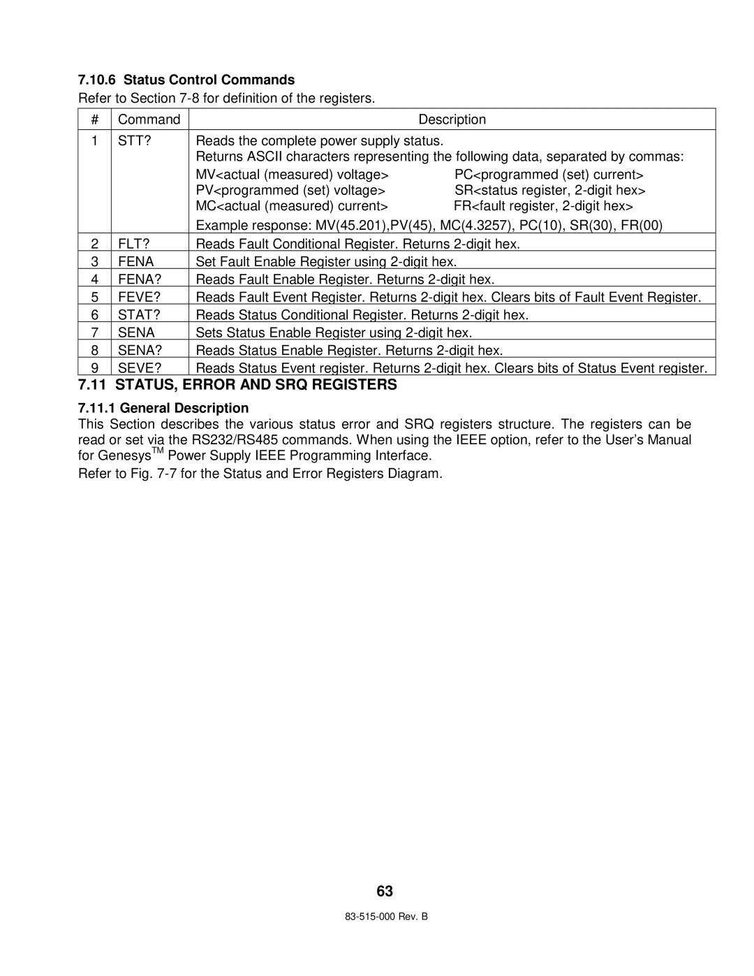 TDK 5KW technical manual STATUS, Error and SRQ Registers, Status Control Commands 