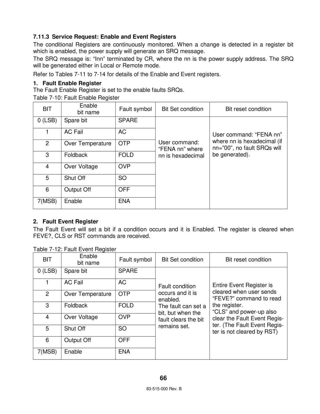 TDK 5KW technical manual Service Request Enable and Event Registers, Fault Enable Register, Fault Event Register 