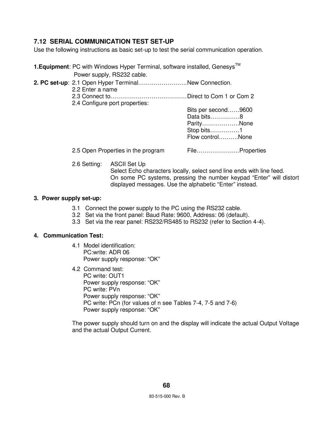 TDK 5KW technical manual Serial Communication Test SET-UP, Power supply set-up 